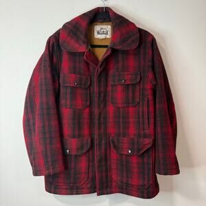 Woolrich Vintage Men's Wool Coat Black Red Mackinaw Plaid Cargo 40